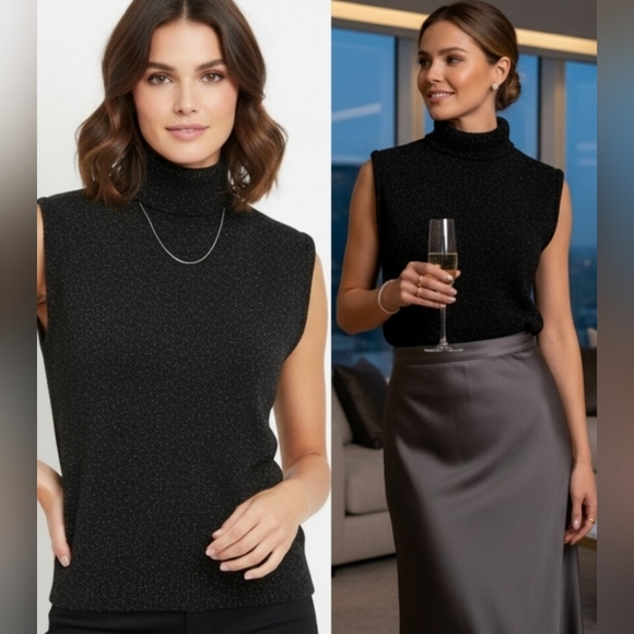 ST. JOHN COLLECTION By Marie Gray Wool Evening Sparkle Black Knit Shell Top S